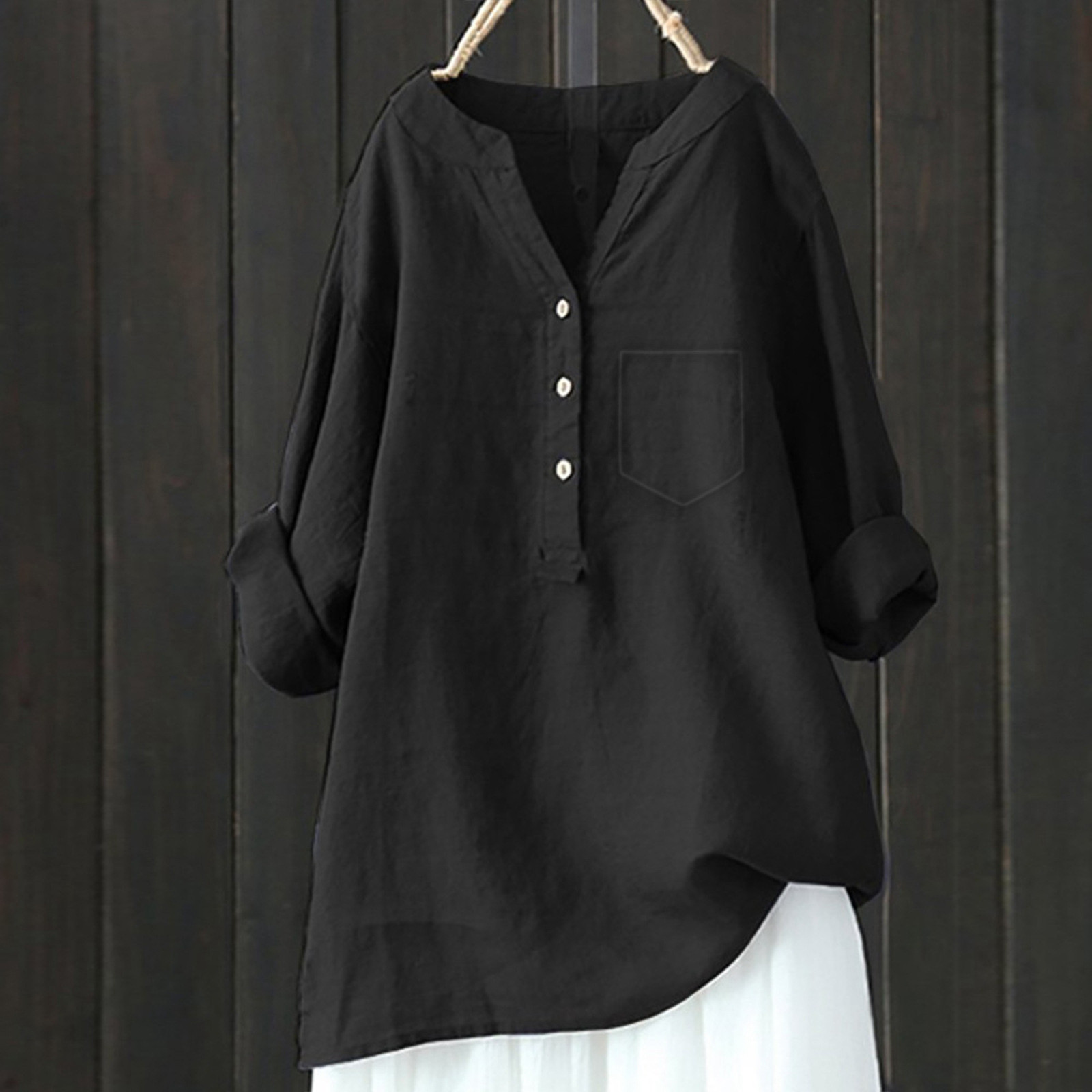 thumbnail image 2 of Camisa holgada de lino liso para mujer: manga larga abotonada, cuello mao, mezcla de poliéster, elegante e informal, 2 of 4